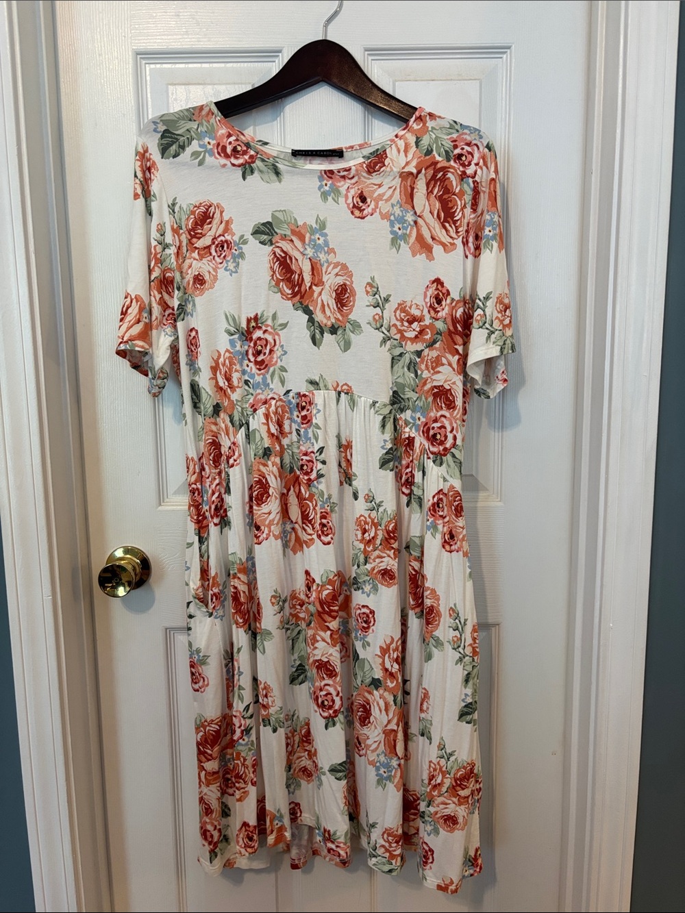 Fun&flirty Floral Babydoll Midi Dress Cream with Coral Roses-such a pretty dress